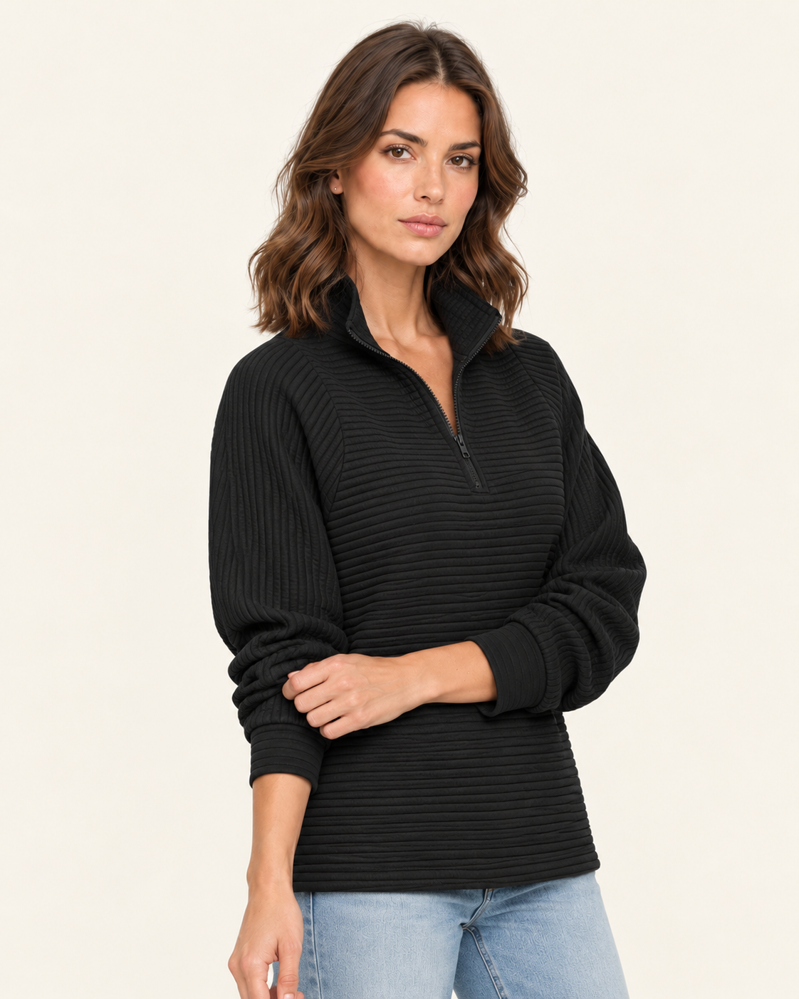 Women's Ribbed Half Zip Jumper with Stand Collar in Black