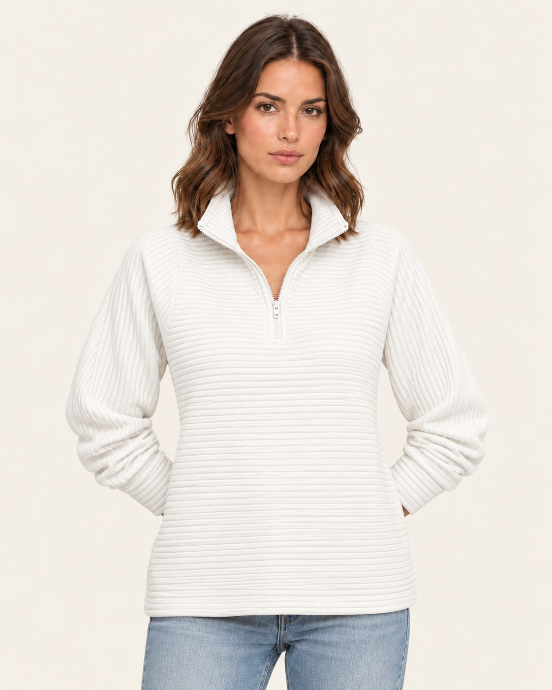Women's Ribbed Half Zip Jumper with Stand Collar in Ivory White