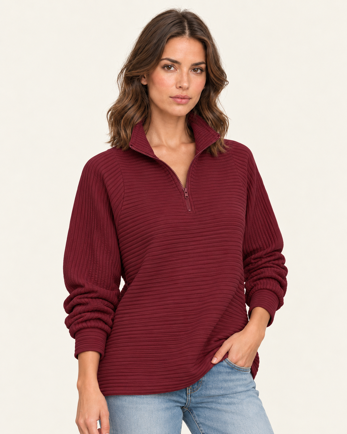 Women's Ribbed Half Zip Jumper with Stand Collar in Wine Red