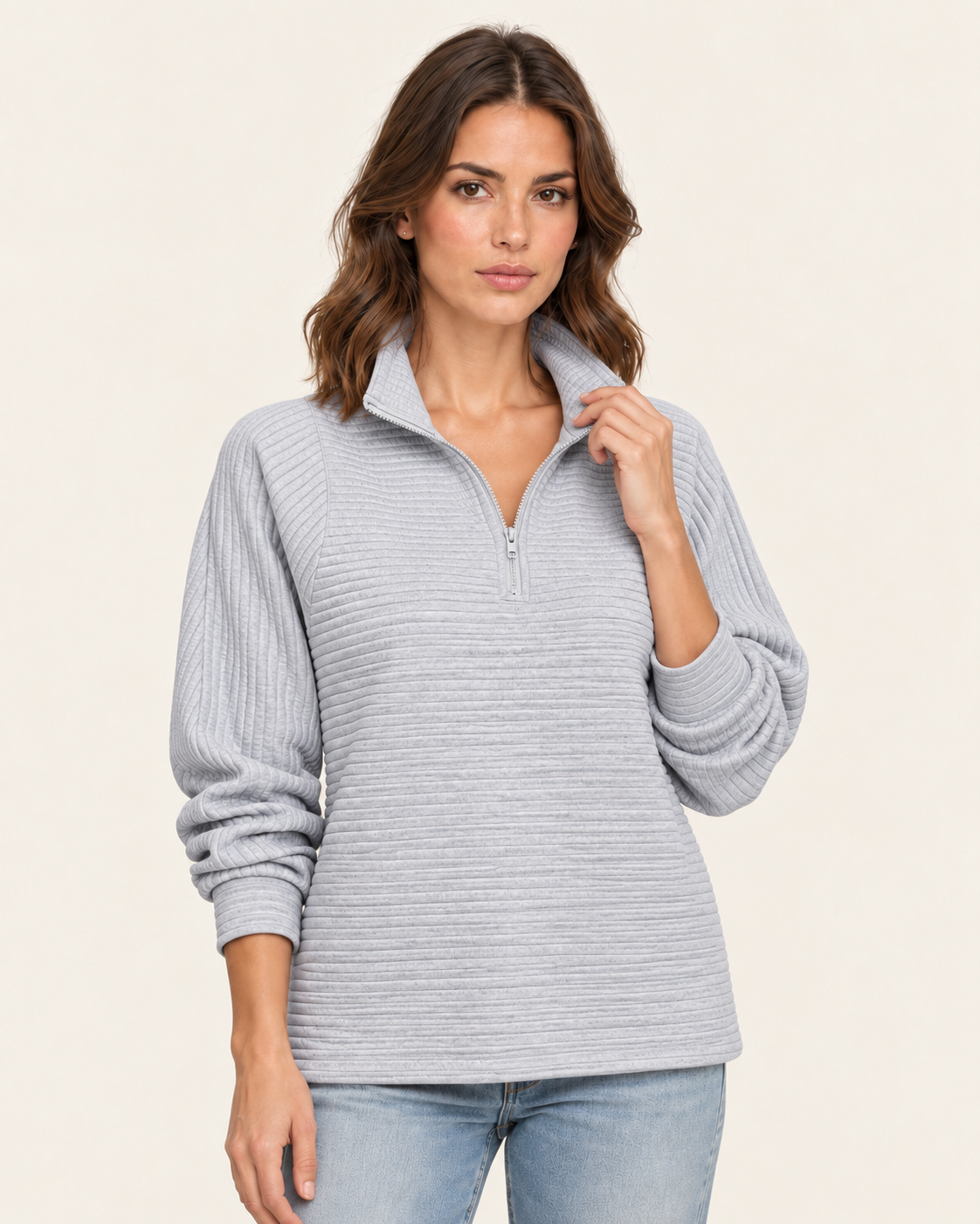 Women's Ribbed Half Zip Jumper with Stand Collar in Light Grey