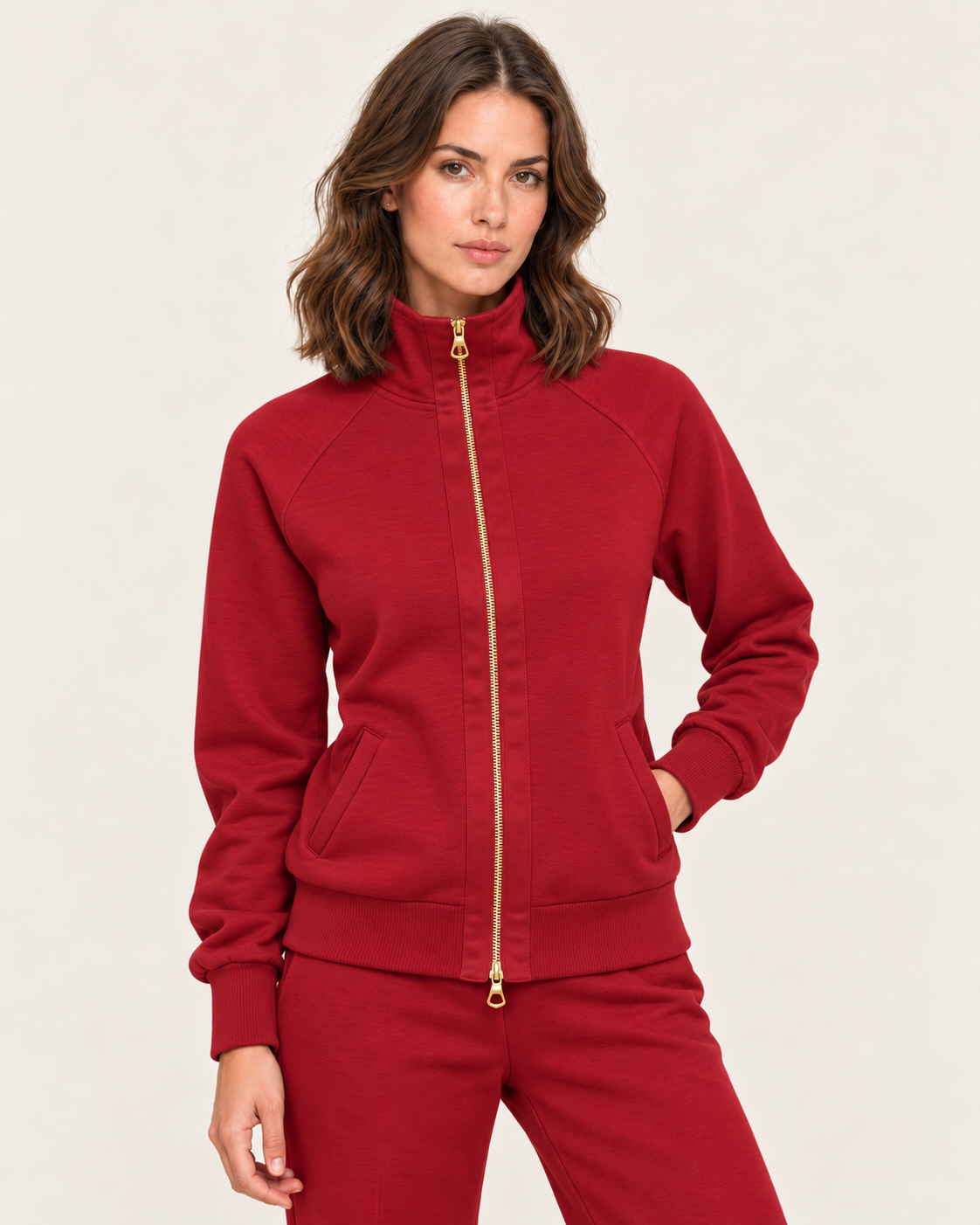 Women's Zip Up Jacket with Funnel Neck and Satin Zip Trim