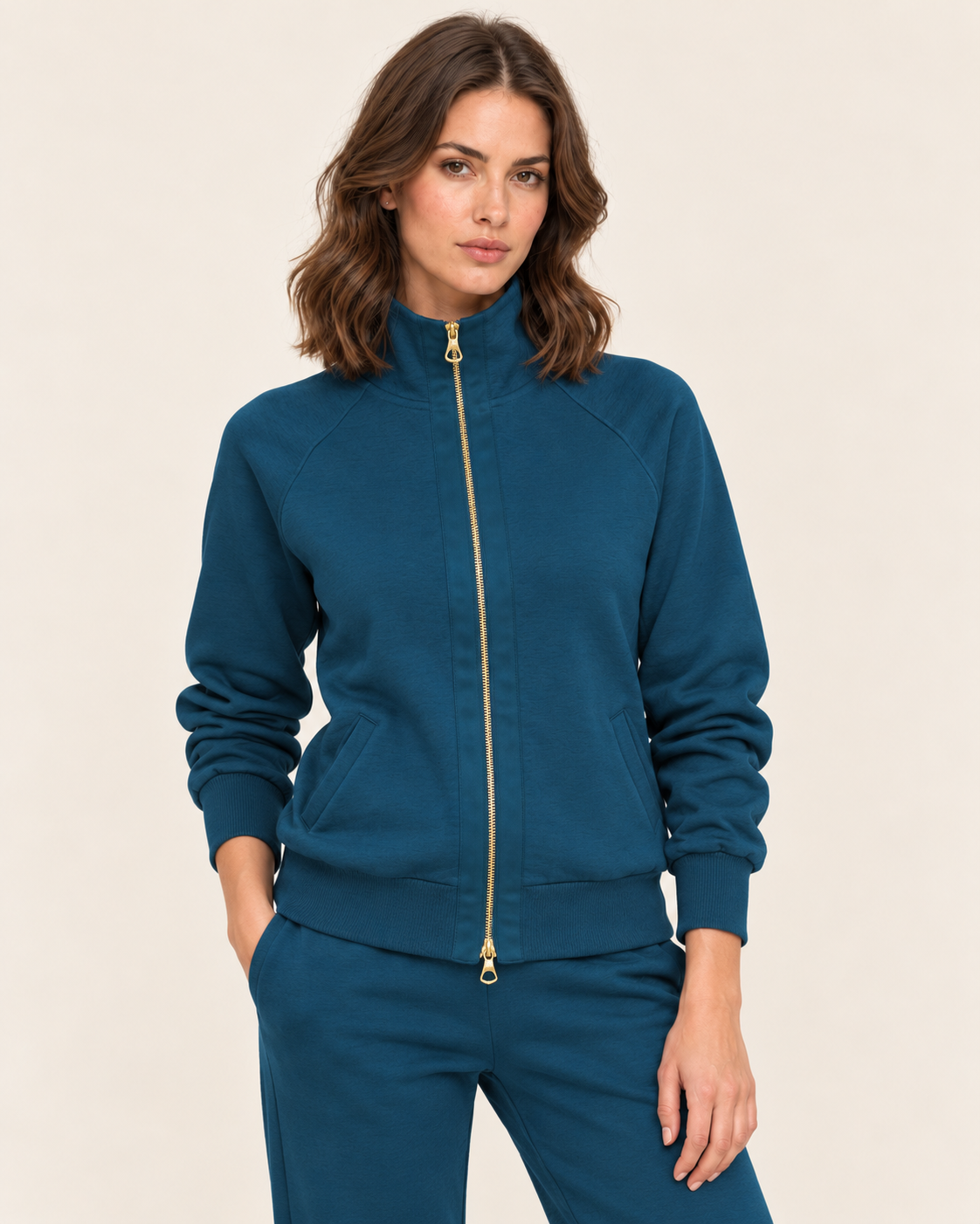 Women's Zip Up Jacket with Funnel Neck and Satin Zip Trim