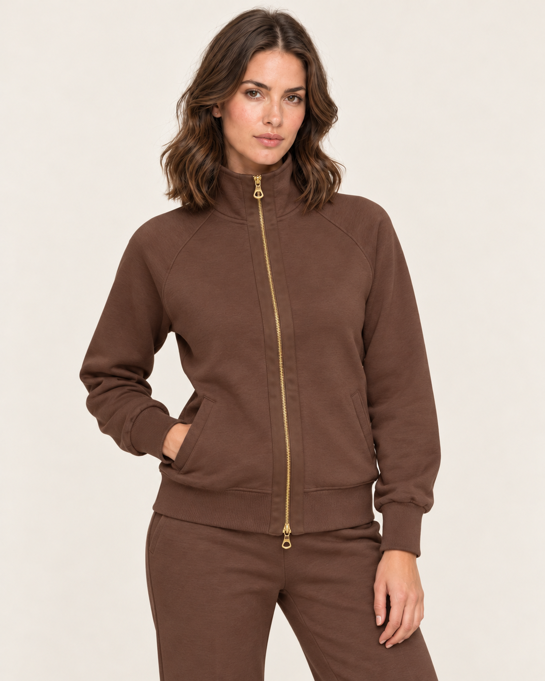 Women's Zip Up Jacket with Funnel Neck and Satin Zip Trim