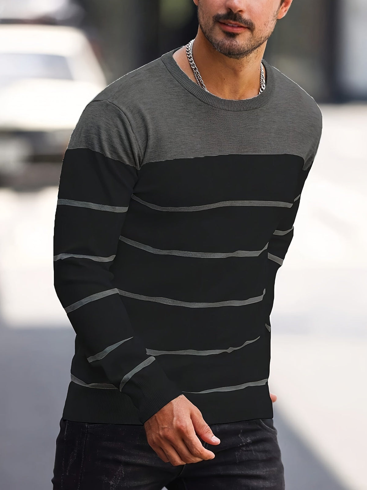 Men's Colour-Block Striped Pullover Sweater Long-Sleeve Casual Everyday