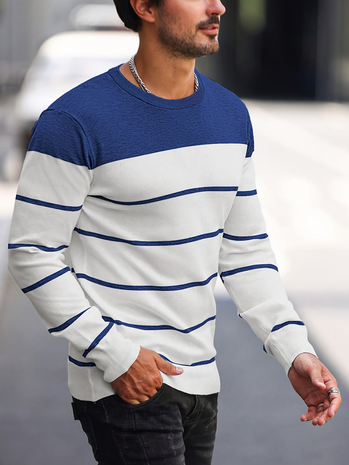 Men's Colour-Block Striped Pullover Sweater Long-Sleeve Casual Everyday