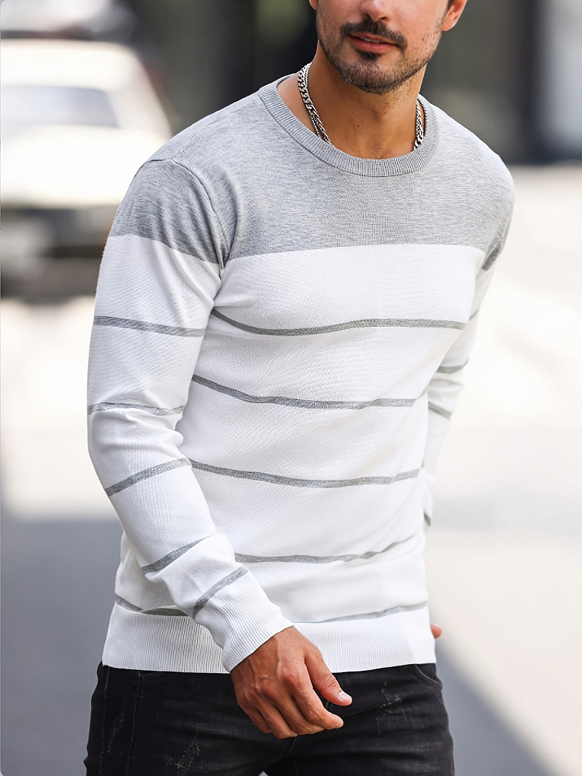 Men's Colour-Block Striped Pullover Sweater Long-Sleeve Casual Everyday