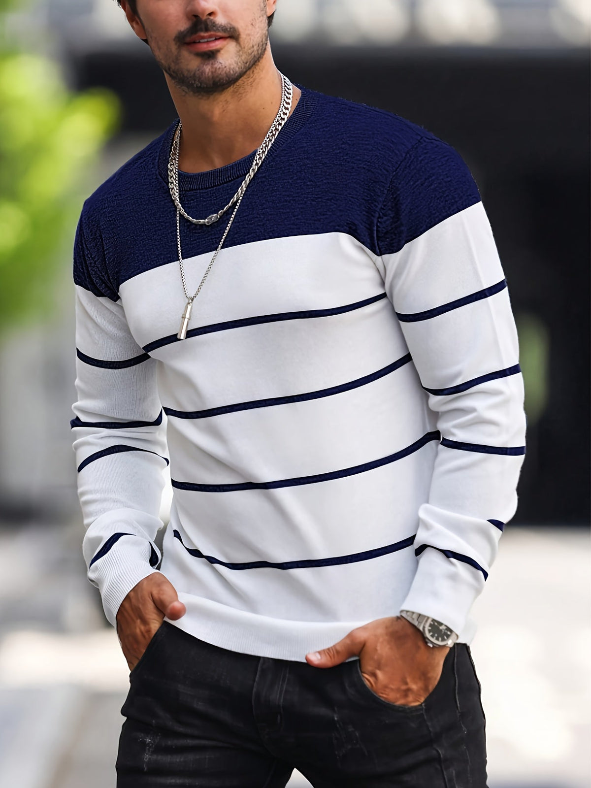 Men's Colour-Block Striped Pullover Sweater Long-Sleeve Casual Everyday