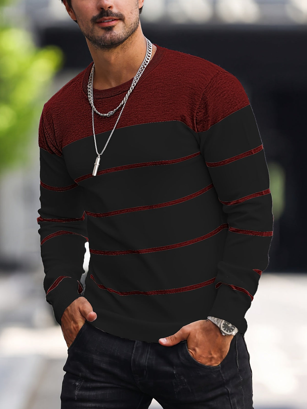 Men's Colour-Block Striped Pullover Sweater Long-Sleeve Casual Everyday