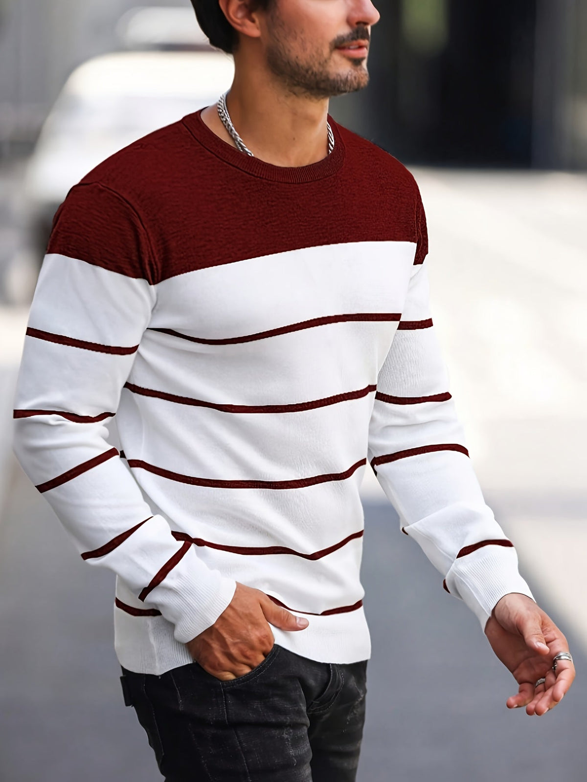 Men's Colour-Block Striped Pullover Sweater Long-Sleeve Casual Everyday