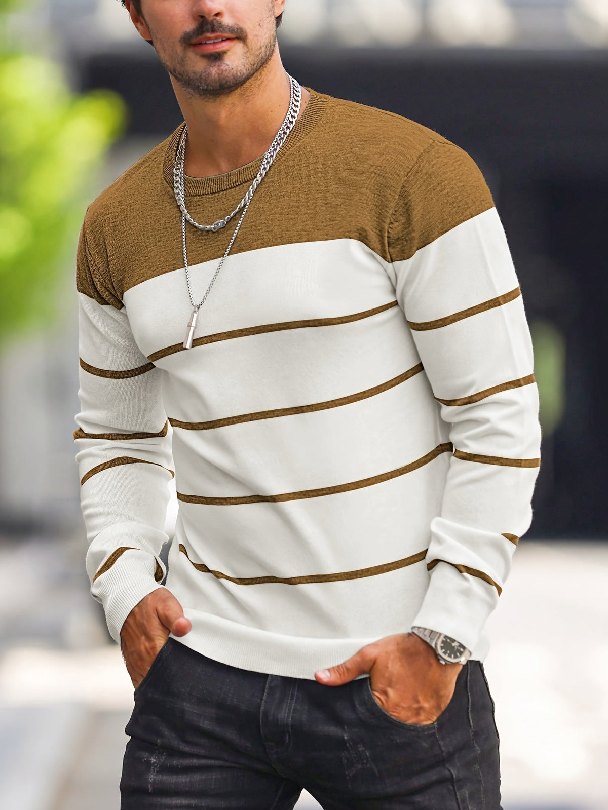 Men's Colour-Block Striped Pullover Sweater Long-Sleeve Casual Everyday