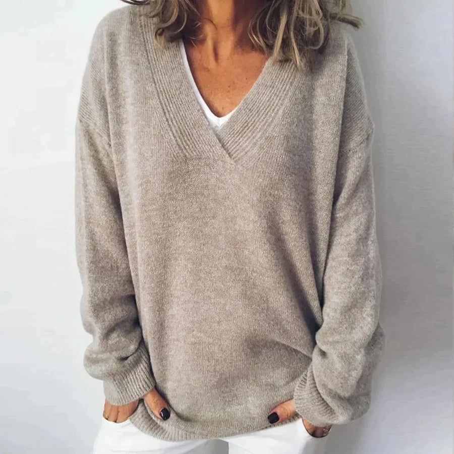 Women's Relaxed Fit V-Neck Knit Sweater Casual Layering Everyday Style