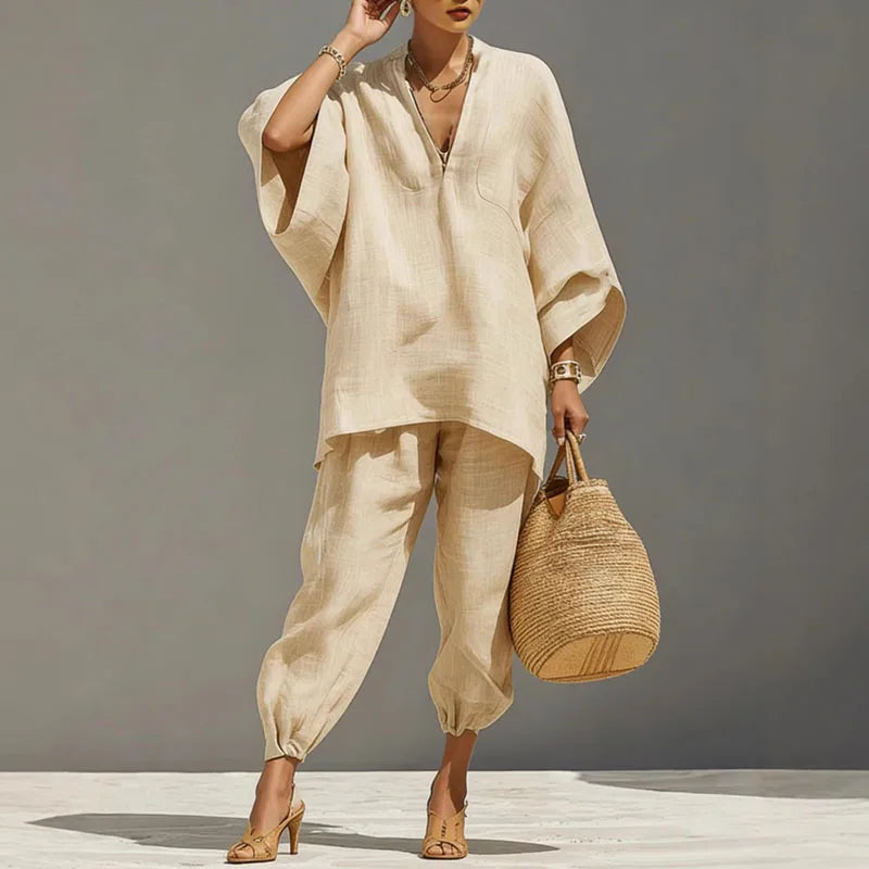 Women's Relaxed Two-Piece Set Short-Sleeve Top and Pants Casual Everyday