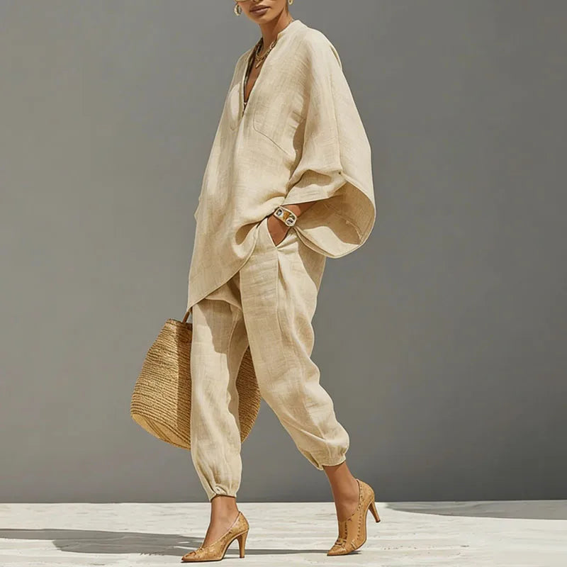 Women's Relaxed Two-Piece Set Short-Sleeve Top and Pants Casual Everyday