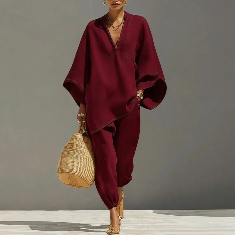 Women's Relaxed Two-Piece Set Short-Sleeve Top and Pants Casual Everyday