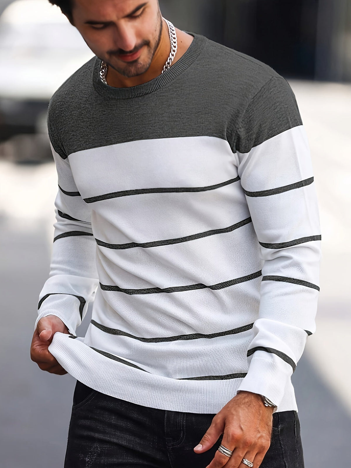 Men's Colour-Block Striped Pullover Sweater Long-Sleeve Casual Everyday