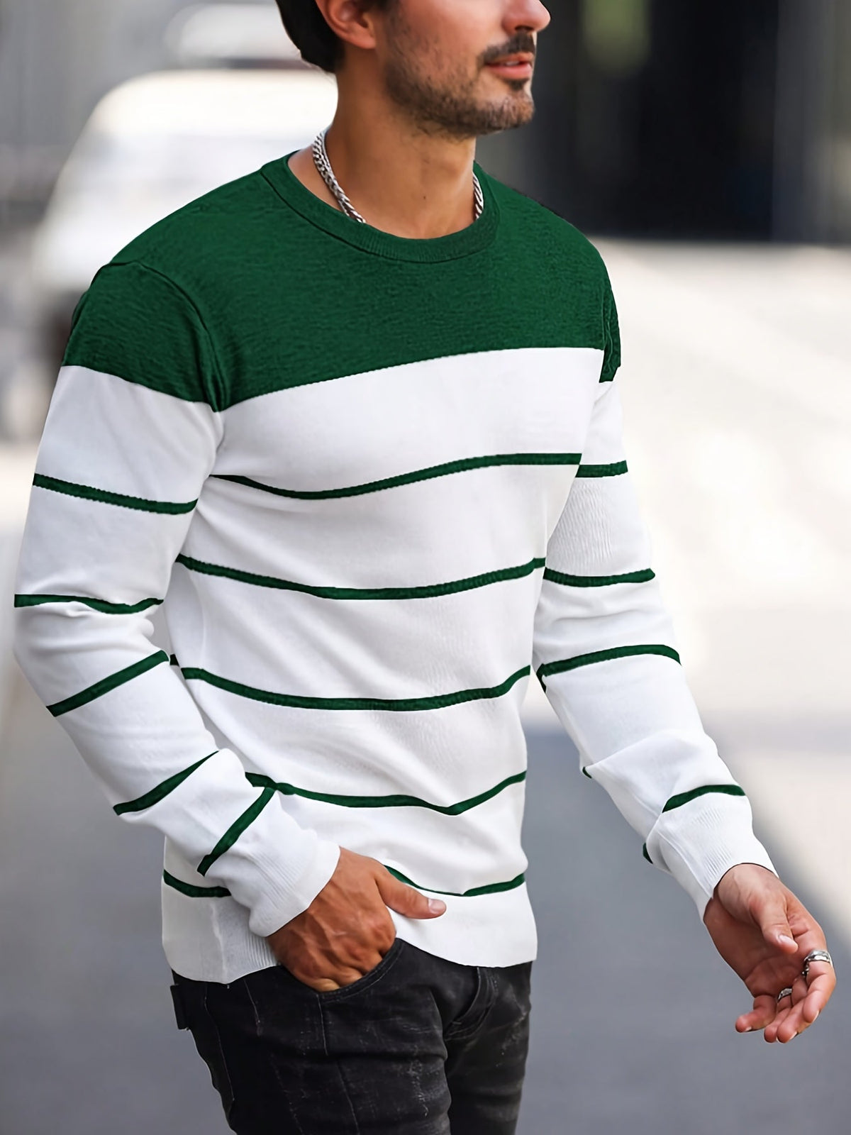 Men's Colour-Block Striped Pullover Sweater Long-Sleeve Casual Everyday