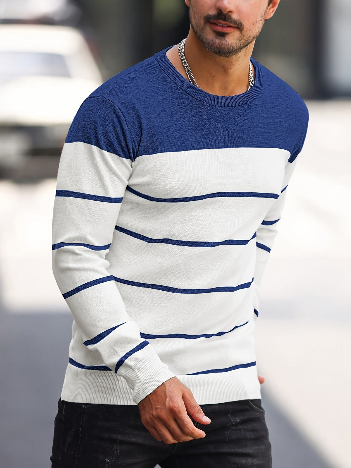 Men's Colour-Block Striped Pullover Sweater Long-Sleeve Casual Everyday
