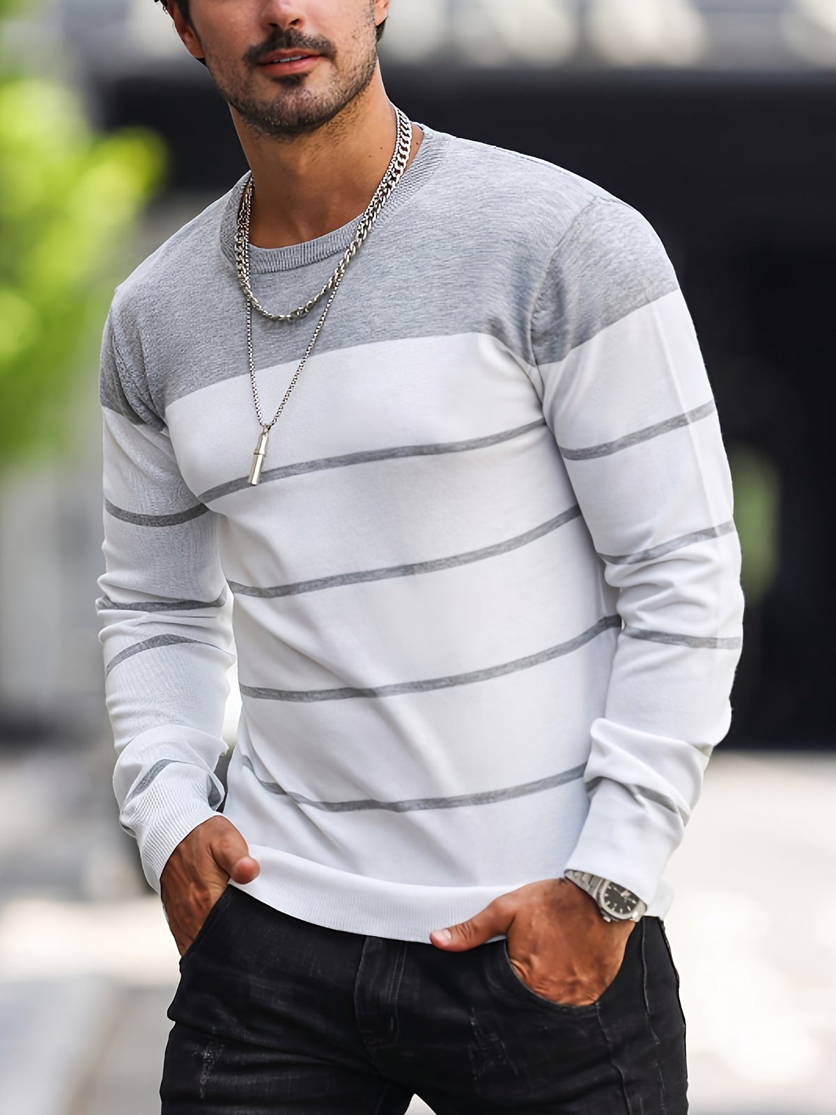 Men's Colour-Block Striped Pullover Sweater Long-Sleeve Casual Everyday