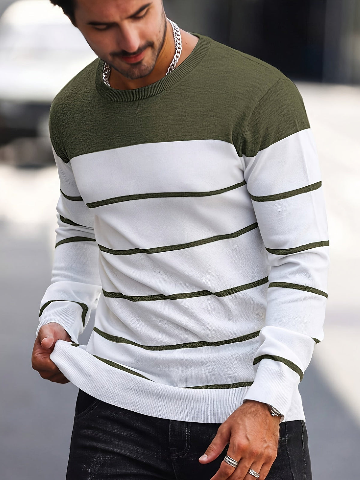 Men's Colour-Block Striped Pullover Sweater Long-Sleeve Casual Everyday