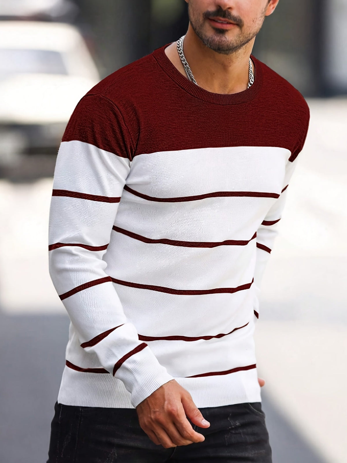 Men's Colour-Block Striped Pullover Sweater Long-Sleeve Casual Everyday