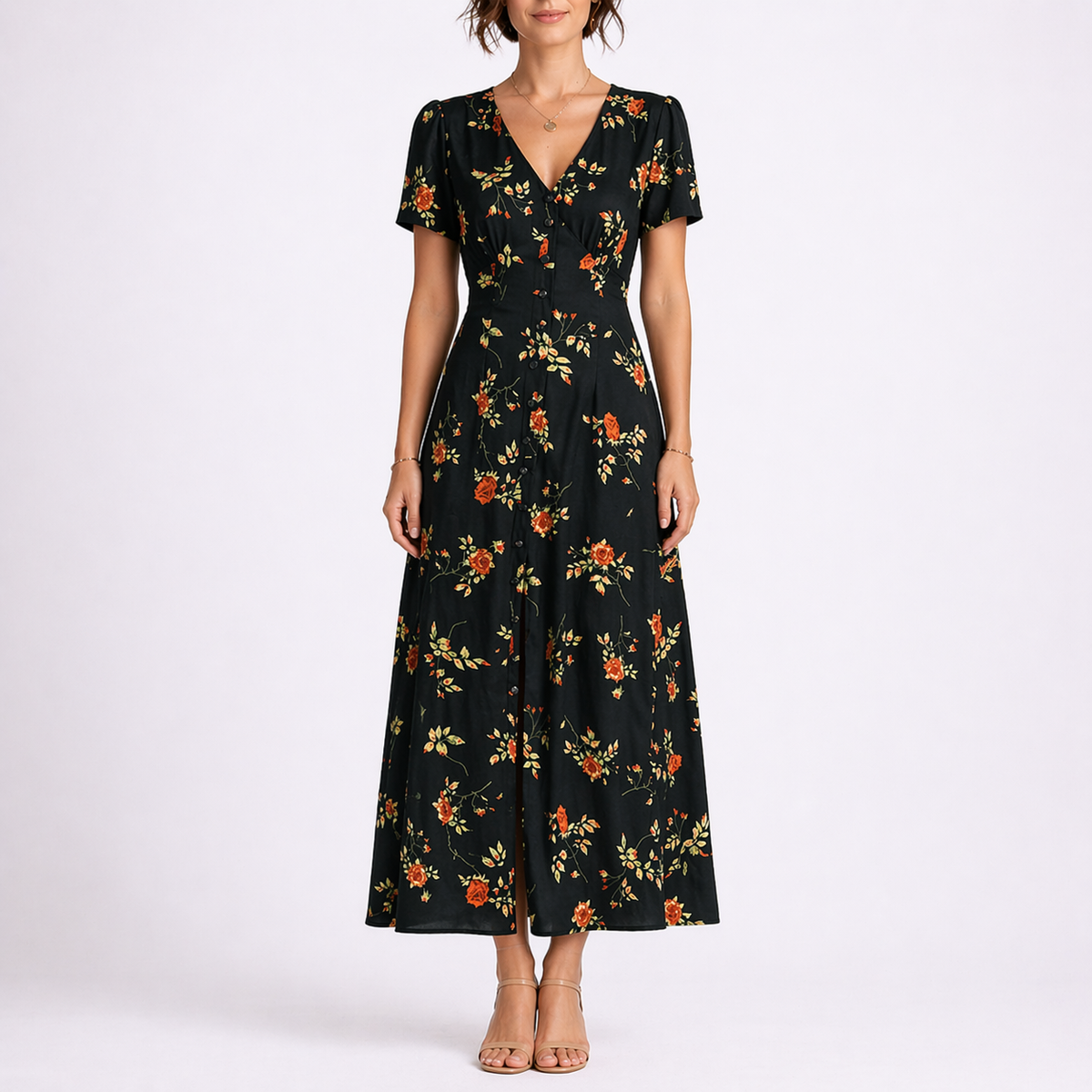 Women's Floral Midi Dress Elegant Printed Design Short Sleeve Casual Summer