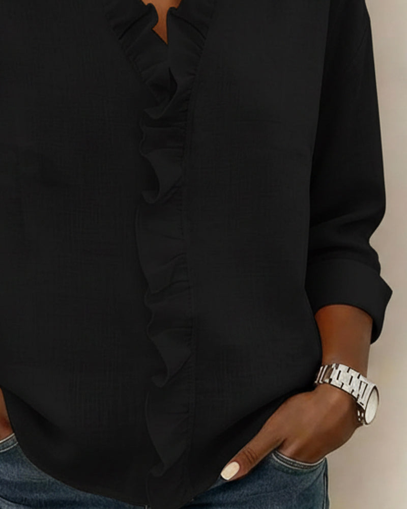 Women's Ruffle V-Neck Blouse Long Sleeve Elegant Spring Style Top