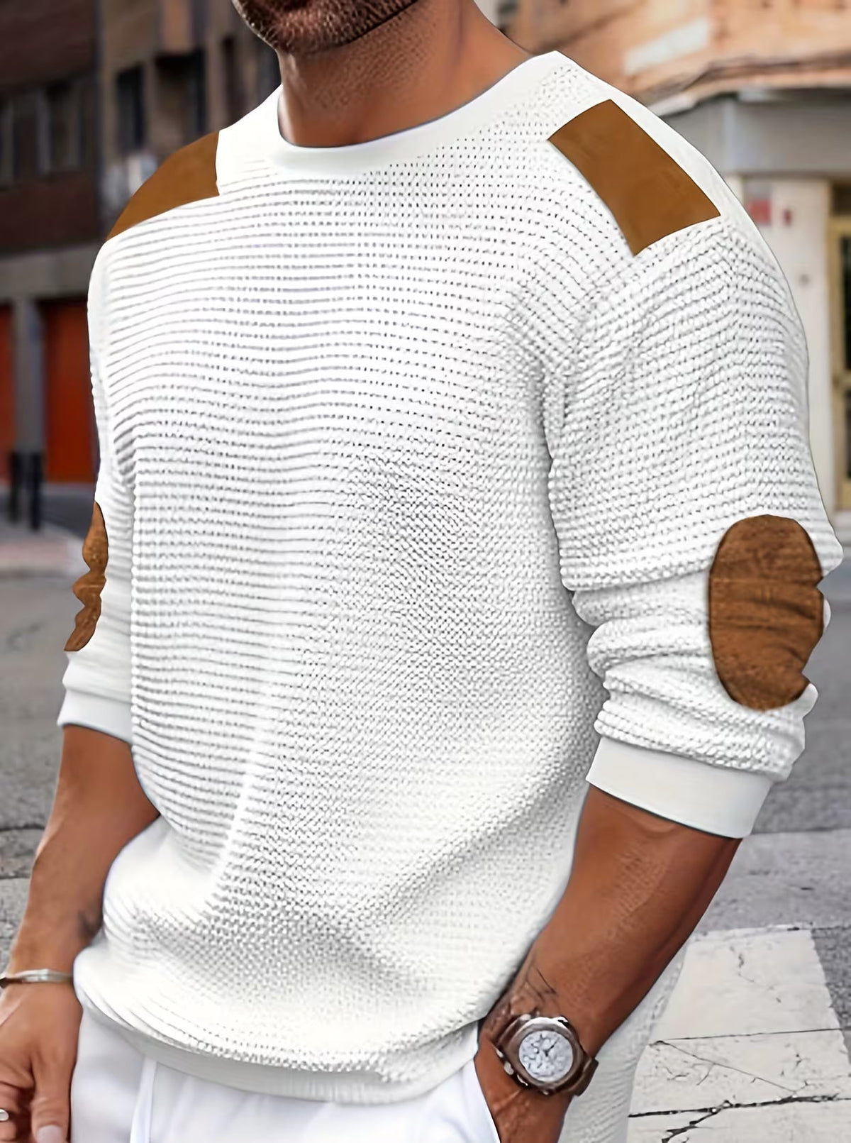 Men's Casual Waffle Knit Crewneck Sweatshirt Colour Block Relaxed Fit Everyday Wear