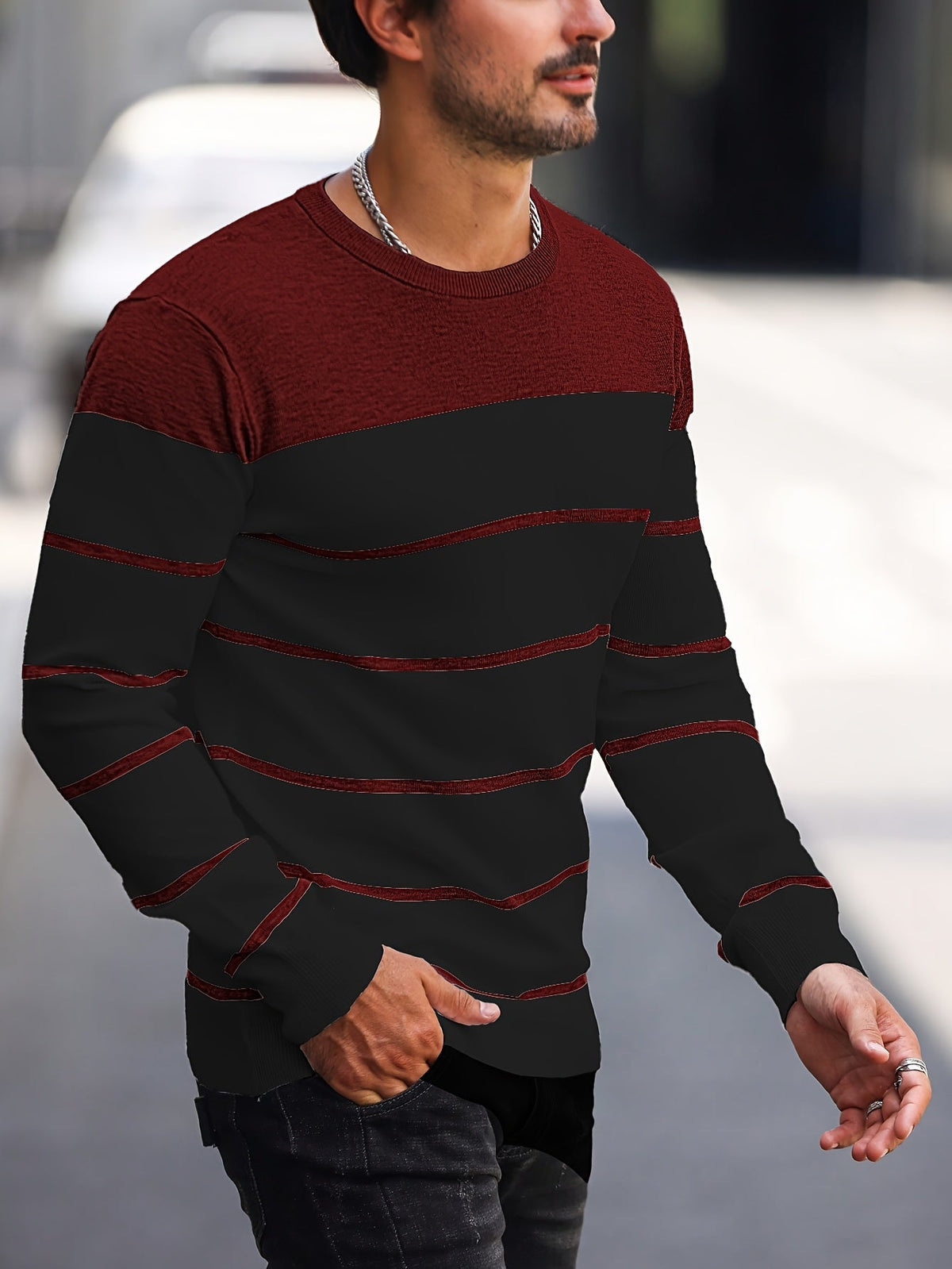 Men's Colour-Block Striped Pullover Sweater Long-Sleeve Casual Everyday