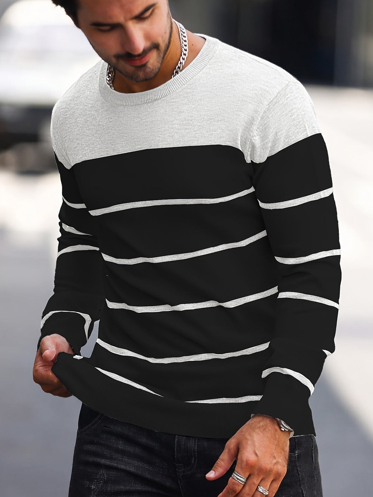 Men's Colour-Block Striped Pullover Sweater Long-Sleeve Casual Everyday