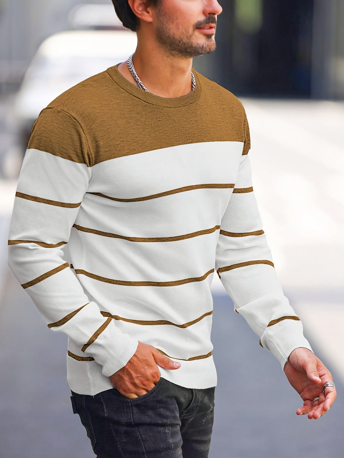 Men's Colour-Block Striped Pullover Sweater Long-Sleeve Casual Everyday