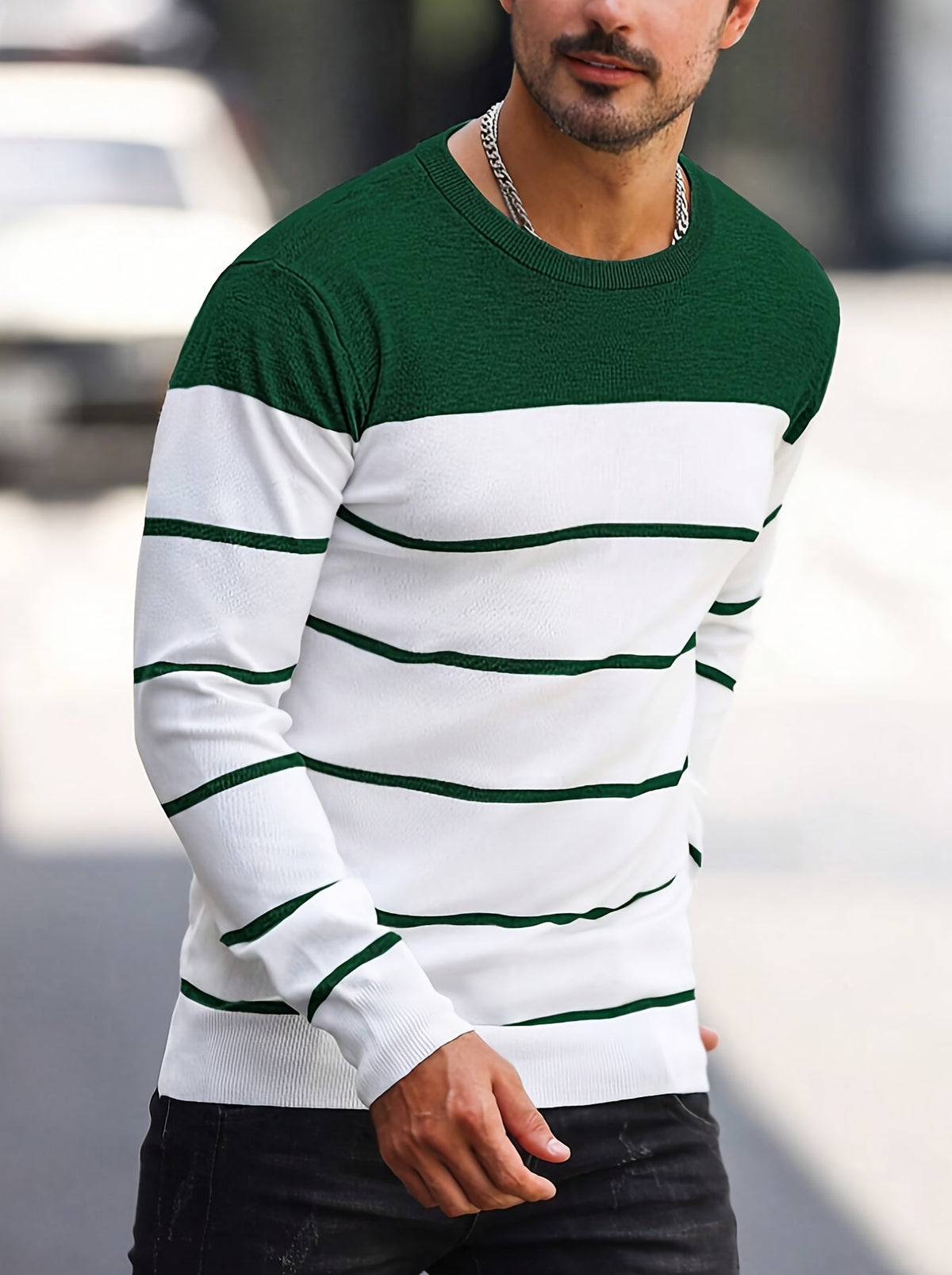 Men's Colour-Block Striped Pullover Sweater Long-Sleeve Casual Everyday