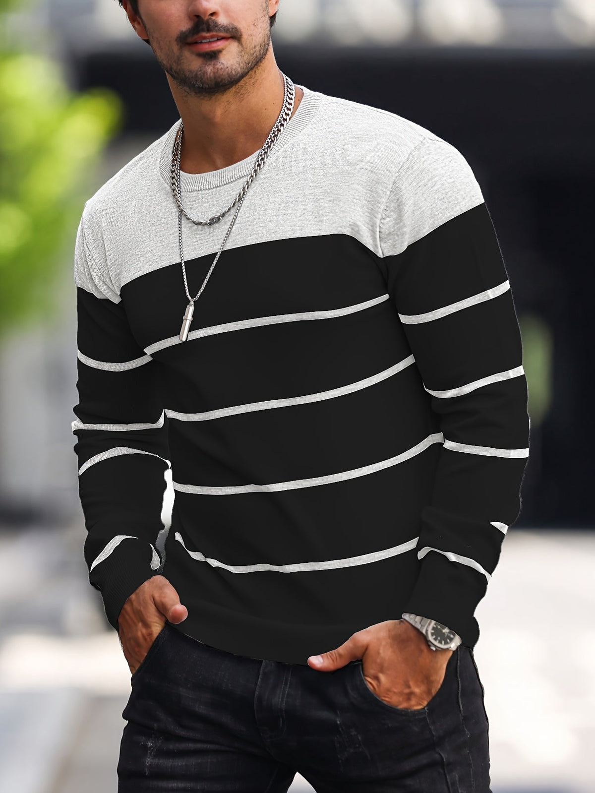 Men's Colour-Block Striped Pullover Sweater Long-Sleeve Casual Everyday