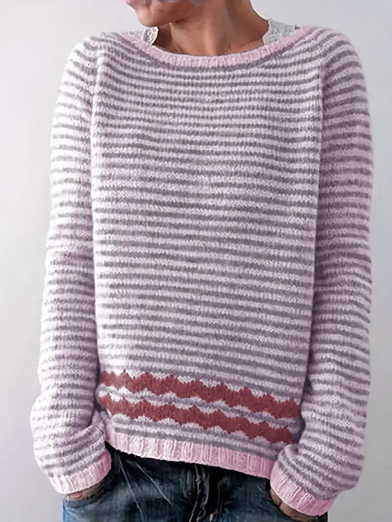 Women's Striped Knit Pullover Sweater Long Sleeve Relaxed Fit Casual Everyday