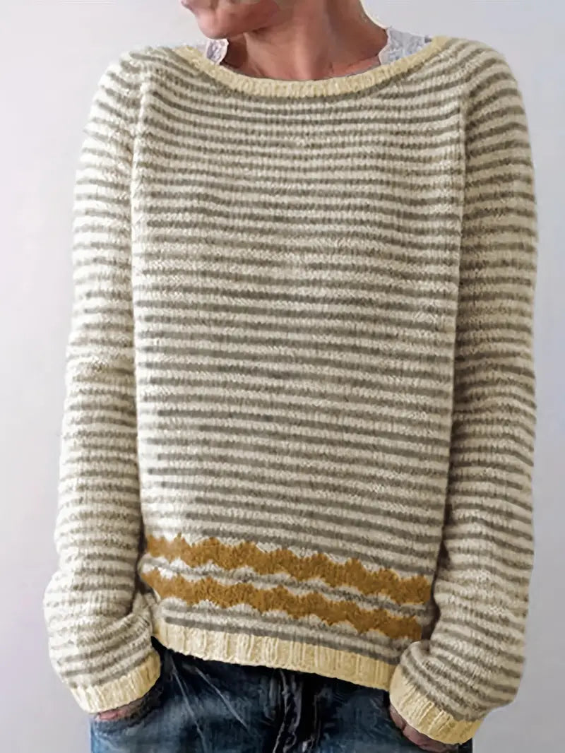 Women's Striped Knit Pullover Sweater Long Sleeve Relaxed Fit Casual Everyday