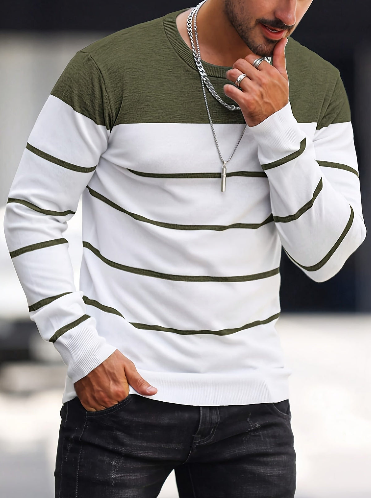 Men's Colour-Block Striped Pullover Sweater Long-Sleeve Casual Everyday