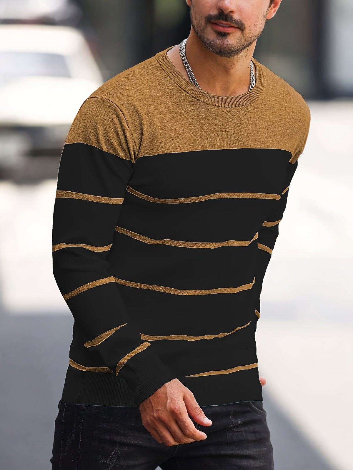 Men's Colour-Block Striped Pullover Sweater Long-Sleeve Casual Everyday