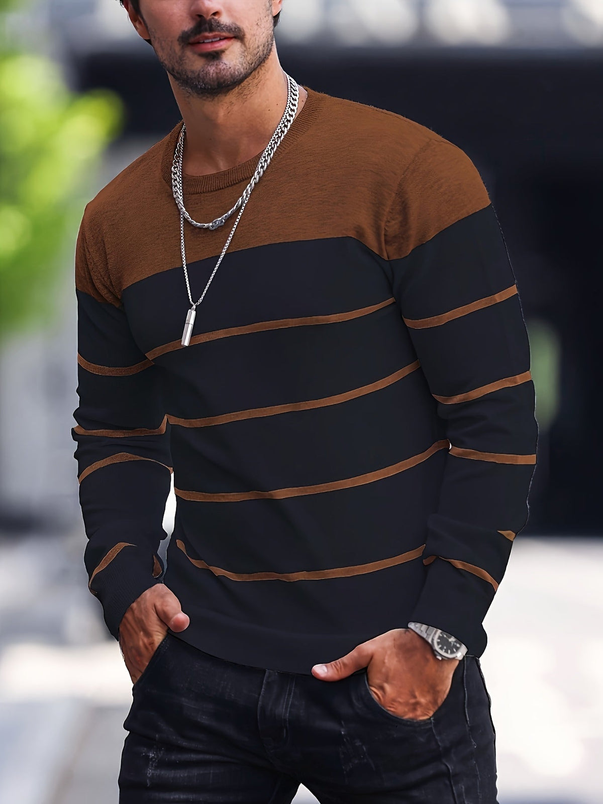 Men's Colour-Block Striped Pullover Sweater Long-Sleeve Casual Everyday
