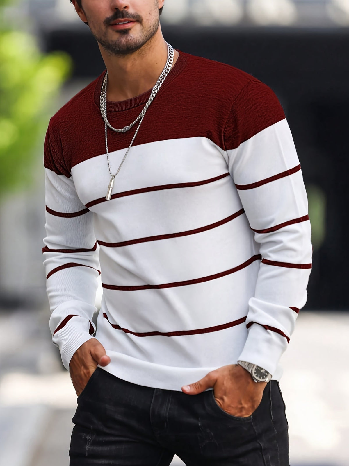 Men's Colour-Block Striped Pullover Sweater Long-Sleeve Casual Everyday