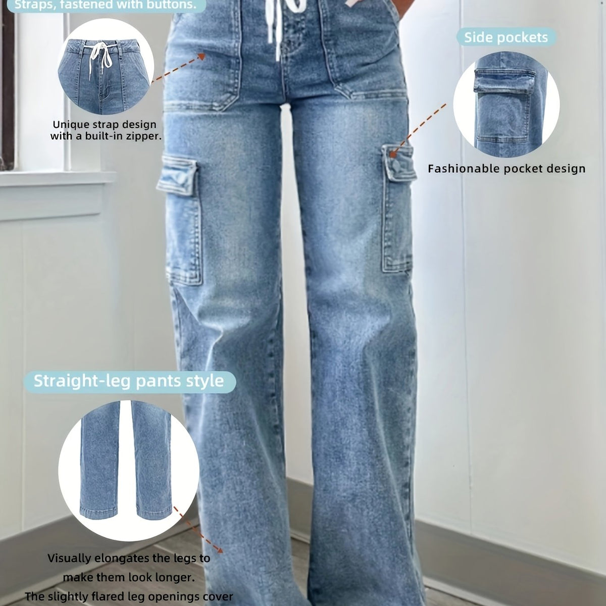 Women's High-Waist Cargo Jeans Drawstring Relaxed Fit Casual Everyday
