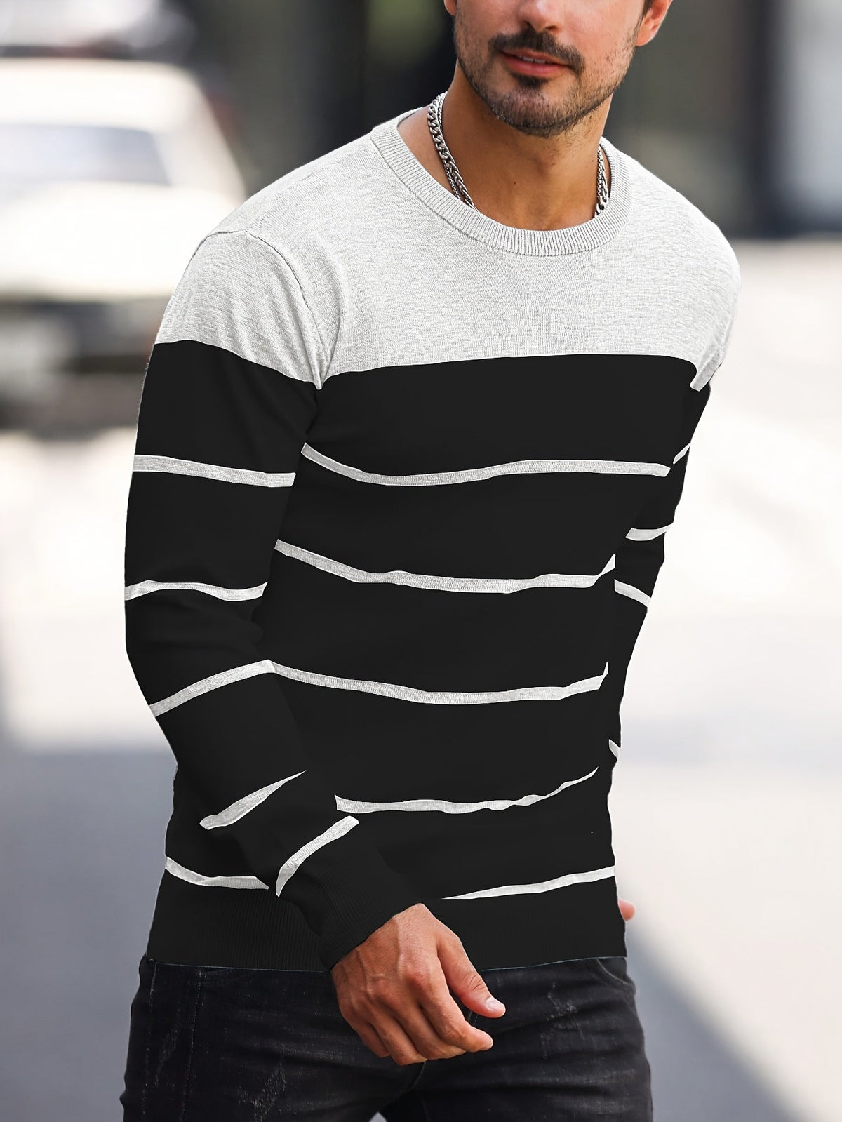 Men's Colour-Block Striped Pullover Sweater Long-Sleeve Casual Everyday