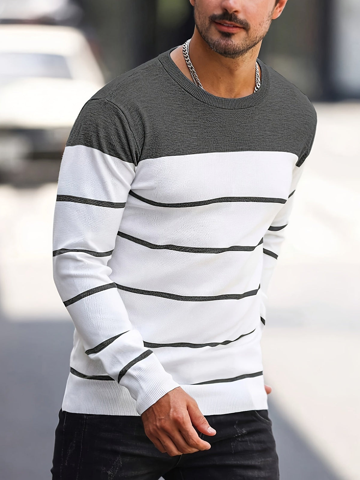 Men's Colour-Block Striped Pullover Sweater Long-Sleeve Casual Everyday