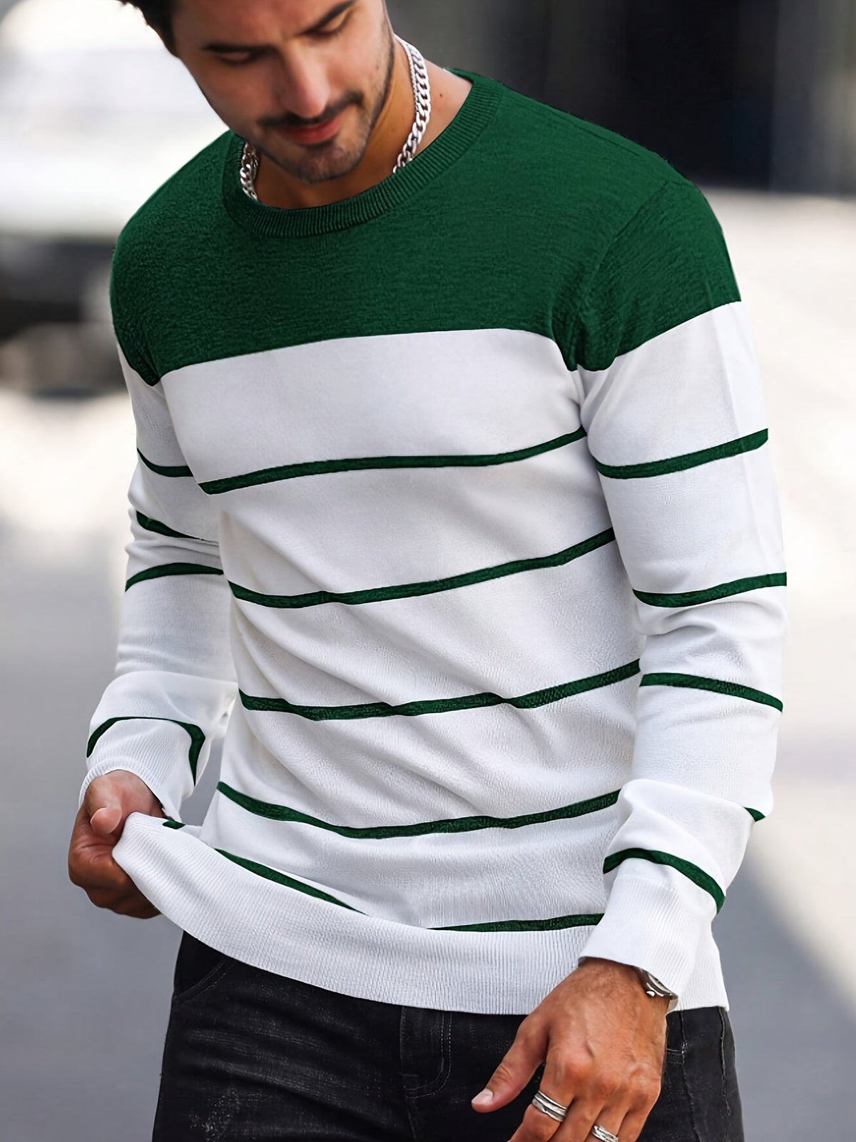Men's Colour-Block Striped Pullover Sweater Long-Sleeve Casual Everyday