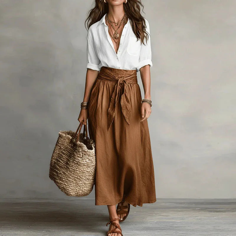 Women's Relaxed Blouse and Tie Waist Skirt Set Casual Everyday Stylish Midi