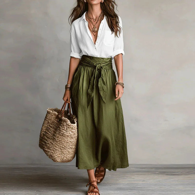 Women's Relaxed Blouse and Tie Waist Skirt Set Casual Everyday Stylish Midi