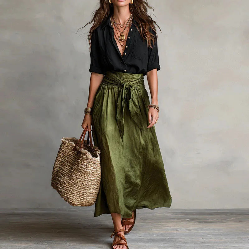 Women's Relaxed Blouse and Tie Waist Skirt Set Casual Everyday Stylish Midi