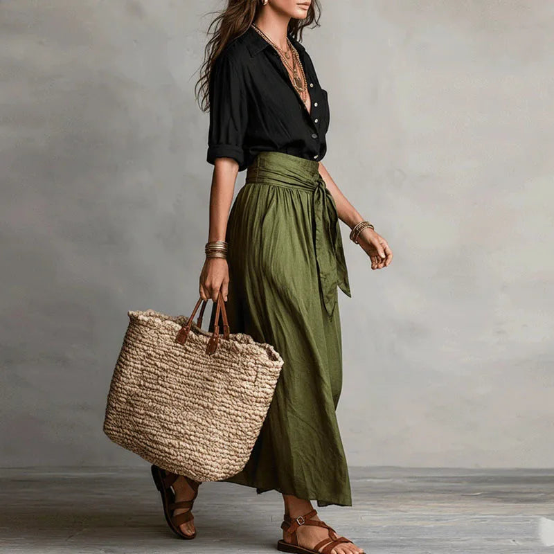 Women's Relaxed Blouse and Tie Waist Skirt Set Casual Everyday Stylish Midi