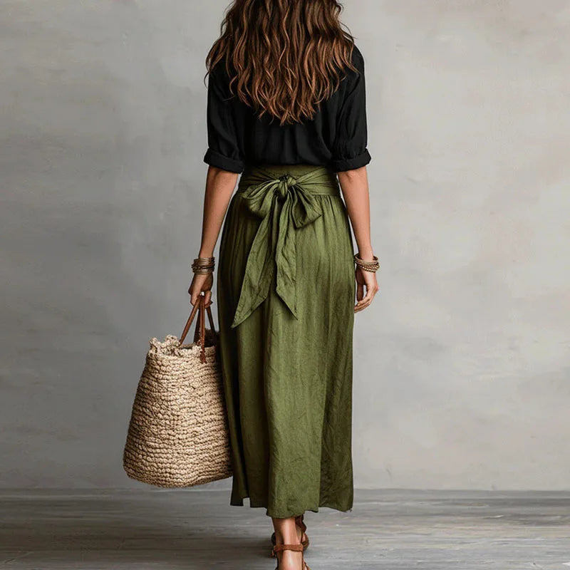Women's Relaxed Blouse and Tie Waist Skirt Set Casual Everyday Stylish Midi