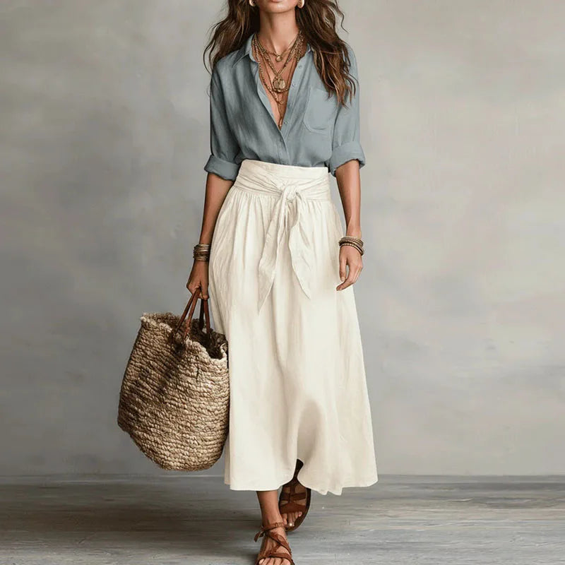 Women's Relaxed Blouse and Tie Waist Skirt Set Casual Everyday Stylish Midi