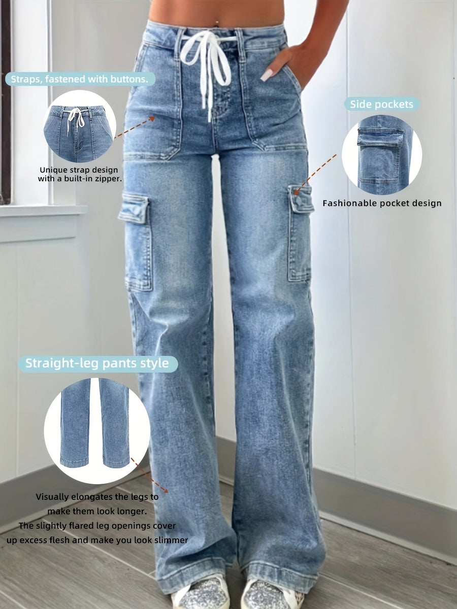 Women's High-Waist Cargo Jeans Drawstring Relaxed Fit Casual Everyday