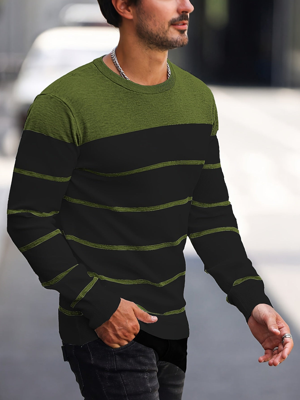 Men's Colour-Block Striped Pullover Sweater Long-Sleeve Casual Everyday